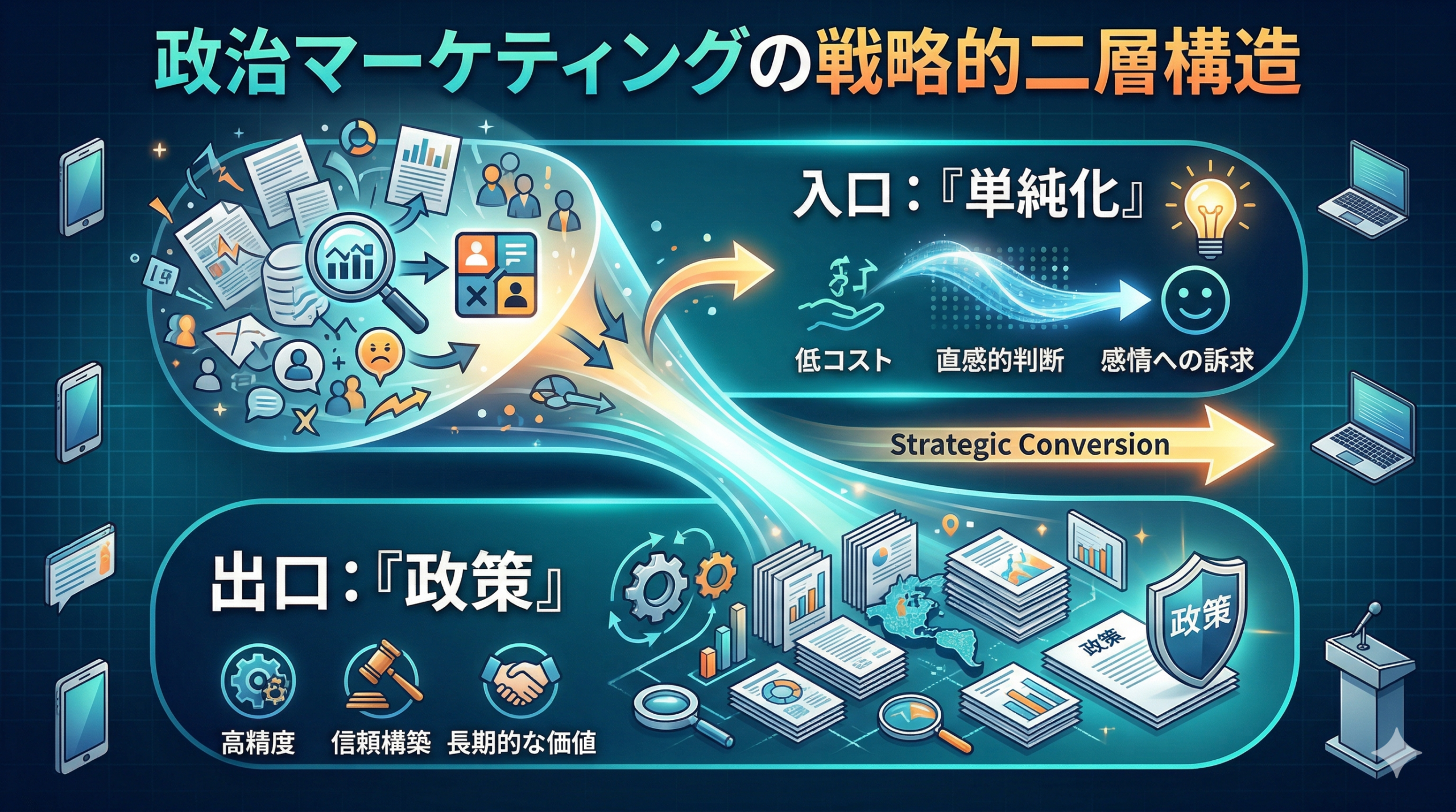 政治マーケティングの戦略的二層構造：入口は「単純化」、出口は「政策」